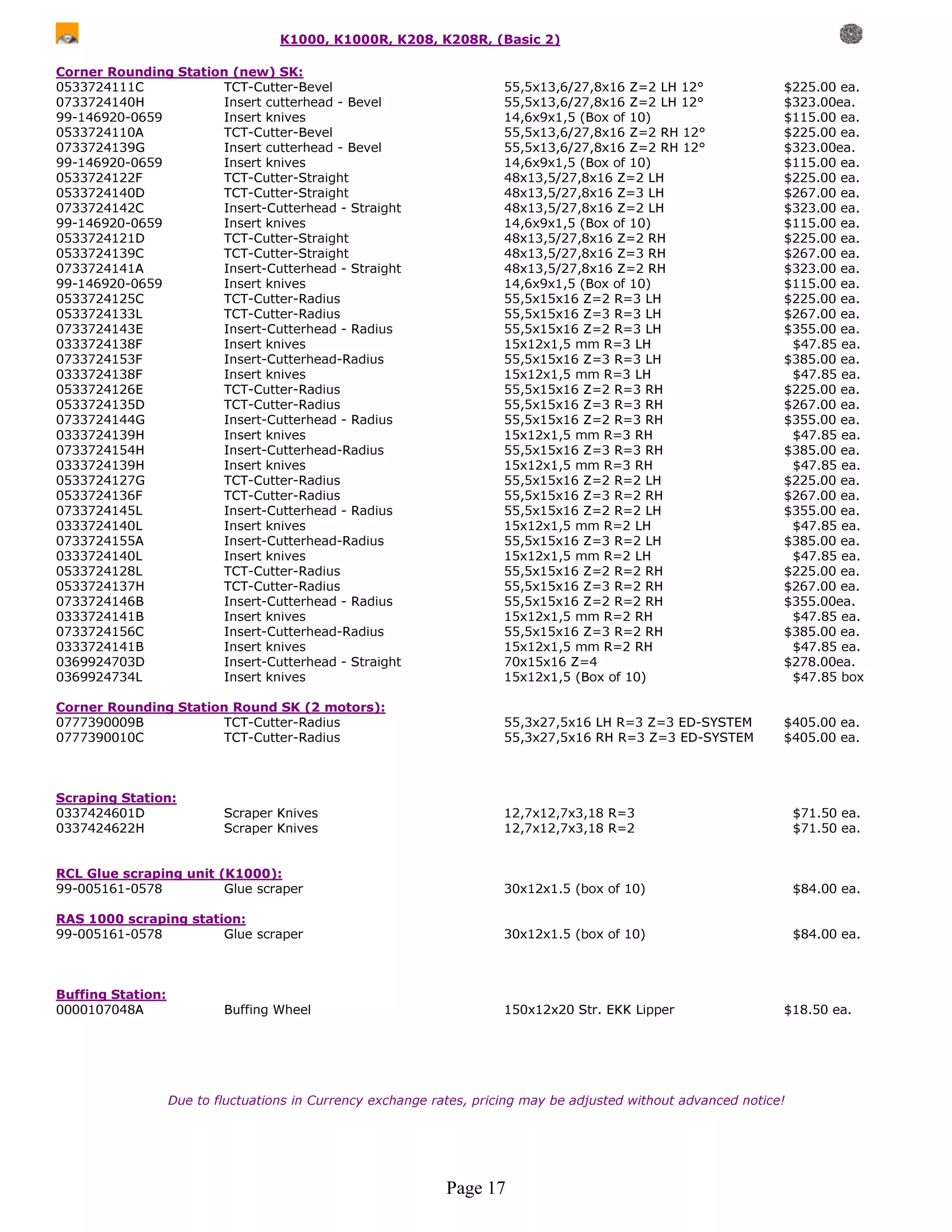 K1000, K1000R, K208, K208R, (Basic 2)

Corner Rounding Station (new) SK:
0533724111C           TCT-Cutter-Bevel                                 55,5x13,6/27,8x16 Z=2 LH 12°               $225.00 ea.
0733724140H           Insert cutterhead - Bevel                        55,5x13,6/27,8x16 Z=2 LH 12°               $323.00ea.
99-146920-0659        Insert knives                                    14,6x9x1,5 (Box of 10)                     $115.00 ea.
0533724110A           TCT-Cutter-Bevel                                 55,5x13,6/27,8x16 Z=2 RH 12°               $225.00 ea.
0733724139G           Insert cutterhead - Bevel                        55,5x13,6/27,8x16 Z=2 RH 12°               $323.00ea.
99-146920-0659        Insert knives                                    14,6x9x1,5 (Box of 10)                     $115.00 ea.
0533724122F           TCT-Cutter-Straight                              48x13,5/27,8x16 Z=2 LH                     $225.00 ea.
0533724140D           TCT-Cutter-Straight                              48x13,5/27,8x16 Z=3 LH                     $267.00 ea.
0733724142C           Insert-Cutterhead - Straight                     48x13,5/27,8x16 Z=2 LH                     $323.00 ea.
99-146920-0659        Insert knives                                    14,6x9x1,5 (Box of 10)                     $115.00 ea.
0533724121D           TCT-Cutter-Straight                              48x13,5/27,8x16 Z=2 RH                     $225.00 ea.
0533724139C           TCT-Cutter-Straight                              48x13,5/27,8x16 Z=3 RH                     $267.00 ea.
0733724141A           Insert-Cutterhead - Straight                     48x13,5/27,8x16 Z=2 RH                     $323.00 ea.
99-146920-0659        Insert knives                                    14,6x9x1,5 (Box of 10)                     $115.00 ea.
0533724125C           TCT-Cutter-Radius                                55,5x15x16 Z=2 R=3 LH                      $225.00 ea.
0533724133L           TCT-Cutter-Radius                                55,5x15x16 Z=3 R=3 LH                      $267.00 ea.
0733724143E           Insert-Cutterhead - Radius                       55,5x15x16 Z=2 R=3 LH                      $355.00 ea.
0333724138F           Insert knives                                    15x12x1,5 mm R=3 LH                         $47.85 ea.
0733724153F           Insert-Cutterhead-Radius                         55,5x15x16 Z=3 R=3 LH                      $385.00 ea.
0333724138F           Insert knives                                    15x12x1,5 mm R=3 LH                         $47.85 ea.
0533724126E           TCT-Cutter-Radius                                55,5x15x16 Z=2 R=3 RH                      $225.00 ea.
0533724135D           TCT-Cutter-Radius                                55,5x15x16 Z=3 R=3 RH                      $267.00 ea.
0733724144G           Insert-Cutterhead - Radius                       55,5x15x16 Z=2 R=3 RH                      $355.00 ea.
0333724139H           Insert knives                                    15x12x1,5 mm R=3 RH                         $47.85 ea.
0733724154H           Insert-Cutterhead-Radius                         55,5x15x16 Z=3 R=3 RH                      $385.00 ea.
0333724139H           Insert knives                                    15x12x1,5 mm R=3 RH                         $47.85 ea.
0533724127G           TCT-Cutter-Radius                                55,5x15x16 Z=2 R=2 LH                      $225.00 ea.
0533724136F           TCT-Cutter-Radius                                55,5x15x16 Z=3 R=2 RH                      $267.00 ea.
0733724145L           Insert-Cutterhead - Radius                       55,5x15x16 Z=2 R=2 LH                      $355.00 ea.
0333724140L           Insert knives                                    15x12x1,5 mm R=2 LH                         $47.85 ea.
0733724155A           Insert-Cutterhead-Radius                         55,5x15x16 Z=3 R=2 LH                      $385.00 ea.
0333724140L           Insert knives                                    15x12x1,5 mm R=2 LH                         $47.85 ea.
0533724128L           TCT-Cutter-Radius                                55,5x15x16 Z=2 R=2 RH                      $225.00 ea.
0533724137H           TCT-Cutter-Radius                                55,5x15x16 Z=3 R=2 RH                      $267.00 ea.
0733724146B           Insert-Cutterhead - Radius                       55,5x15x16 Z=2 R=2 RH                      $355.00ea.
0333724141B           Insert knives                                    15x12x1,5 mm R=2 RH                         $47.85 ea.
0733724156C           Insert-Cutterhead-Radius                         55,5x15x16 Z=3 R=2 RH                      $385.00 ea.
0333724141B           Insert knives                                    15x12x1,5 mm R=2 RH                         $47.85 ea.
0369924703D           Insert-Cutterhead - Straight                     70x15x16 Z=4                               $278.00ea.
0369924734L           Insert knives                                    15x12x1,5 (Box of 10)                       $47.85 box

Corner Rounding Station Round SK (2 motors):
0777390009B           TCT-Cutter-Radius                                55,3x27,5x16 LH R=3 Z=3 ED-SYSTEM          $405.00 ea.
0777390010C           TCT-Cutter-Radius                                55,3x27,5x16 RH R=3 Z=3 ED-SYSTEM          $405.00 ea.



Scraping Station:
0337424601D                Scraper Knives                              12,7x12,7x3,18 R=3                             $71.50 ea.
0337424622H                Scraper Knives                              12,7x12,7x3,18 R=2                             $71.50 ea.


RCL Glue scraping unit (K1000):
99-005161-0578          Glue scraper                                   30x12x1.5 (box of 10)                          $84.00 ea.

RAS 1000 scraping station:
99-005161-0578         Glue scraper                                    30x12x1.5 (box of 10)                          $84.00 ea.



Buffing Station:
0000107048A                Buffing Wheel                               150x12x20 Str. EKK Lipper                  $18.50 ea.




                   Due to fluctuations in Currency exchange rates, pricing may be adjusted without advanced notice!




                                                              Page 17
 