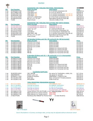 ROUTECH



                                  SUGGESTED CNC TOOLING FOR PANEL PROCESSING:
Qty       Part Number             Diam.xCLxOal              Description                                           Price
2 ea.     99-601630-2795          1/2x7/8x3”                Z=2 mortise compression bit                           $108.00 ea.
5 ea.     99-572800-2795          1/4x7/8x2-1/2”            Z=2 dn-cut spiral bit                                 $29.00 ea.
5 ea.     99-60123M-2795          3/8x7/8x3" MW             Z=2 mortise compression max-life bit                  $78.00 ea.
5 ea.     99-60163M-2795          1/2x7/8x3" MW             Z=2 mortise compression max-life bit                  $97.00 ea.
5 ea.     99-121312-0578          1/2x1x3" (130034765)      Z=2 Fine finish compression bit                       $149.00 ea.
1 ea.     99-000339-0578          80 mm, Z=3, S=3/4”        Spoil Board Surfacing Insert Bit                      $305.00 ea.
1 ea.     T1030                   Insert knives             12x12x1,5 (Box of 10)                                 $45.00 box

                                  SUGGESTED CNC TOOLING FOR           CUTTING MDF WITH VENEER:
Qty       Part Number             Diam.xCLxOal                        Description                                 Price
1 ea.     XX-091298-0578          12x24xSHRINK FIT HSK63F Z3          DIAMOND Router Bit                          $950.00 ea.
1 ea.     XX-091299-0578          12x30xSHRINK FIT HSK63F Z3          DIAMOND Router Bit                          $1150.00 ea.
1 ea.     99-122512-0659          1/2x1” S=1/2”                       Z=1 Diamond Router Bit                      $256.00 ea.
5 ea.     99-121312-0578          1/2x1x3"                            Z=2 Fine finish compression bit             $149.00 ea.
5 ea.     99-60163C-2795          1/2x7/8x3"                          Z=2 Compression chipbreaker bit             $124.00 ea.
5 ea.     99-60123M-2795          3/8x7/8x3" MW                       Z=2 mortise compression max-life bit        $78.00 ea.
1 ea.     99-000339-0578          80 mm, Z=3, S=3/4”                  Spoil Board Surfacing Insert Bit            $305.00ea.
1 ea.     T1030                   Insert knives                       12x12x1,5 (Box of 10)                       $45.00 box

                                  18 Spindles Drilling unit (5L+7R vertical & 3L+3R horizontal)
Qty       Part Number             Diam.xCLxOal                    Description                                     Price
5 ea.     50-00033-67200          5x27x57,5 S=10 LH               Dowel Drill Bits                                $14.00   ea.
7 ea.     50-00033-67300          5x27x57,5 S=10 RH               Dowel Drill Bits                                $14.00   ea.
3 ea.     50-00033-68200          8x27x57,5 S=10 LH               Dowel Drill Bits                                $15.00   ea.
3 ea.     50-00033-68300          8x27x57,5 S=10 RH               Dowel Drill Bits                                $15.00   ea.
5 ea.     50-00033-08150          M10 LH                          Adapters for vertical drill bits                $21.00   ea.
7 ea.     50-00033-08200          M10 RH                          Adapters for vertical drill bits                $21.00   ea.
3 ea.     50-00033-08800          M8 LH                           Adapters for horizontal drill bits              $21.00   ea.
3 ea.     50-00033-08900          M8 RH                           Adapters for horizontal drill bits              $21.00   ea.

                                  9 Spindles Drilling unit (3L + 2R vertical & 1+1/1+1horizontal)
Qty       Part Number             Diam.xCLxOal                     Description                                    Price
3 ea.     50-00033-67200          5x27x57,5 S=10 LH                Dowel Drill Bits                               $14.00   ea.
2 ea.     50-00033-67300          5x27x57,5 S=10 RH                Dowel Drill Bits                               $14.00   ea.
2 ea.     50-00033-68200          8x27x57,5 S=10 LH                Dowel Drill Bits                               $15.00   ea.
2 ea.     50-00033-68300          8x27x57,5 S=10 RH                Dowel Drill Bits                               $15.00   ea.
3 ea.     50-00033-08150          M10 LH                           Adapters for vertical drill bits               $21.00   ea.
2 ea.     50-00033-08200          M10 RH                           Adapters for vertical drill bits               $21.00   ea.
2 ea.     50-00033-08800          M8 LH                            Adapters for horizontal drill bits             $21.00   ea.
2 ea.     50-00033-08900          M8 RH                            Adapters for horizontal drill bits             $21.00   ea.

                                           CLEANING SUPPLIES:
1   ea.   99-007835-0010          CRC TEFLUB                          dry spray for Toolholders, collets, etc.    $17.10   ea.
1   ea.   0002400035C             Kluber Lusin Lub                    oily spray for spindles                     $53.50   ea.
1   ea.   99-004211-1224          Grease for Routers                  CENTOPLEX 1 #020123-591                     $49.50   ea.
1   ea.   99-332100-2795          Rust free                           Stain remover & T-9 steel protector         $40.00   ea.
1   ea.   99-332500-2795          ER32/ER40                           Collet brush kit                            $45.00   ea.

                                  TOOL MOUNTING/MEASURING DEVICES
1   ea.   99-77777-0659           Tool Presetter                    with HSK63F insert                            $8500.00 ea.
1   ea.   99-77778-0659           Tool Set-up fixture               for HSK63F Toolholders                        $715.00 ea.
1   ea.   99-079000-0578          Tool Set-up fixture               for SK 30 Toolholders                         $715.00 ea.
1   ea.   99-77779-0659           Tool Set-up fixture               for ISO 30 Toolholders                        $715.00 ea.
1   ea.   99-77779-3749           Tool Set-up fixture               for aggregates with HSK63F                    $1189.00 ea.
1   ea.   99-348010-2795          Torque Wrench 30-150 FT/LBS L=16.5" set at 92 ft/lbs NEW ITEM                   $467.00 ea.
1   ea.   99-348540-2795          ER32 spanner for Torque wrench NEW ITEM                                         $58.00 ea.
1   ea.   99-348550-2795          ER40 spanner for Torque wrench NEW ITEM                                         $67.00 ea
1   ea.   2736237424A             Rectifying Rod HSK63F for Prisma head      (5-axes Routers)                     $582.00 ea.




                  99-77778-0659                                                                           99-77777-0659

                 Due to fluctuations in Currency exchange rates, pricing may be adjusted without advanced notice!


                                                             Page 3
 