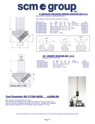 V GROOVE/FOLDING INSERT ROUTER BIT Z=1
                                             Designed for V-grooving, beveling and folding.

                                             Using Special inserts for producing 60ْ or 91ْ angles.

                                             SCM-Part No.            D      Deg.    L2   L3     L1    Shank            Price
                                             99-432041-0659          41.4 60˚      41.5 35      118   ¾ x 55 mm    $535.00 ea.
                                             99-432050-0659          50     91˚    36.4 25       93   ¾ x 55 mm    $535.00 ea.
                                             99-432040-0659         Insert knives 40 x 12 x 1.5 91˚                 $58.00 ea.
                                             99-432042-0659         Insert knives 40 x 12 x 1.5 91˚   D050          $58.00 ea.
                                             99-432052-0659         Insert knives 50 x 12 x 1.5 60˚                 $58.00 ea.
                                             99-390761-0659         M4 x 4 screw                                     $4.50 ea.
                                             99-390770-0659         Torx wrench (T15)                                $6.50 ea.




                                                        45˚ INSERT ROUTER BIT Z=2
                                                        Designed for 45˚ angle cuts

                                               SCM-Part No.               D Deg. L2       L3     L1    Shank          Price
                                               99-432074-0659            74 45˚      40    28    95   ¾ x 55 mm     $535.00 ea.
                                               99-420040-0659            40 x 12 x 1.5 (box of 10)                   $58.00 ea.
                                               99-390760-0659            M4 x 5.9 screw                               $4.50 ea.
                                               99-390770-0659            Torx wrench (T15)                            $6.50 ea.




       Maximum RPM: 12,000




Tool Presetter 99-77780-0659                                   $1980.00
Fast, easy and convenient for your shop.
This presetter was designed with a steel base. Measures vertical height up to
400 mm and has a horizontal adjustment up to 80 mm. Designed for a HSK63F.
Approximately weighs 22 lbs. This reliable, precise presetter is a must.




                Due to fluctuations in Currency exchange rates, pricing may be adjusted without advanced notice!



                                                           Page 37
 