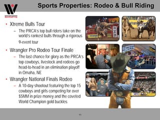 Sports Properties: Rodeo & Bull Riding

• Xtreme Bulls Tour
   – The PRCA’s top bull riders take on the
     world’s rankest bulls through a rigorous
     9-event tour
• Wrangler Pro Rodeo Tour Finale
   – The last chance for glory as the PRCA’s
     top cowboys, livestock and rodeos go
     head-to-head in an elimination playoff
     in Omaha, NE
• Wrangler National Finals Rodeo
   – A 10-day shootout featuring the top 15
     cowboys and girls competing for over
     $5MM in prize money and the coveted
     World Champion gold buckles

                                          11
 