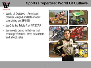 Sports Properties: World Of Outlaws

• World of Outlaws – America’s
  premier winged and late-model
  cars airing on SPEED
• WoO is the Triple A of NASCAR
• We create brand initiatives that
  create preference, drive customers,
  and affect sales




                                    14
 