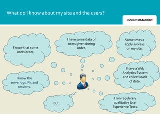 What do I know about my site and the users?



                                I have some data of           Sometimes a
                                 users given during           apply surveys
  I know that some                     order.                  on my site.
     users order.



                                                              I have a Web
                                                            Analytics System
     I know the                                             and collect loads
 serverlogs, PIs and                                             of data.
      sessions.


                                                       I run regularely
                       But...                          qualitative User
                                                      Experience Tests.
 