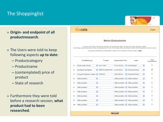 The Shoppinglist


» Origin- and endpoint of all
  productresearch.


» The Users were told to keep
  following aspects up to date:
   – Productcategory
   – Productname
   – (contemplated) price of
      product
   – State of research


» Furthermore they were told
  before a research session, what
  product had to been
  researched.
 