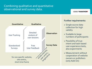Combining qualitative and quantitative
observational and survey data.


                                                          Further requirements:
      Quantitative            Qualitative                 » Single source data
                                                            collection for high
                                                            validity
                           Detailed         Observation
   User Tracking          analysis of                     » Scalable to large
                         user sessions                      numbers of participants
                                                          » Possibility of true-
                                                            intent and task-based
   Standardised              Free           Survey Data
                                                            user experience tests,
     Surveys            User Feedback                       also experiments
                                                          » Measurement without
                                                            cooperation of website
      for one specific website,
                                                            owners or publishers
            site centric,
          short time frame
                                                            (only Add-On)
 