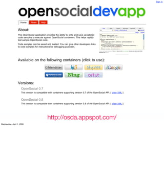 Sign in




                    Home       News      Help


                  About:
                  This OpenSocial app...