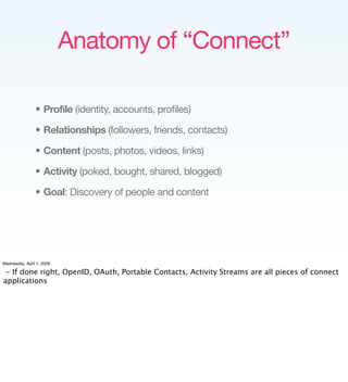 Anatomy of “Connect”

                • Profile (identity, accounts, profiles)

                • Relationships (followers...