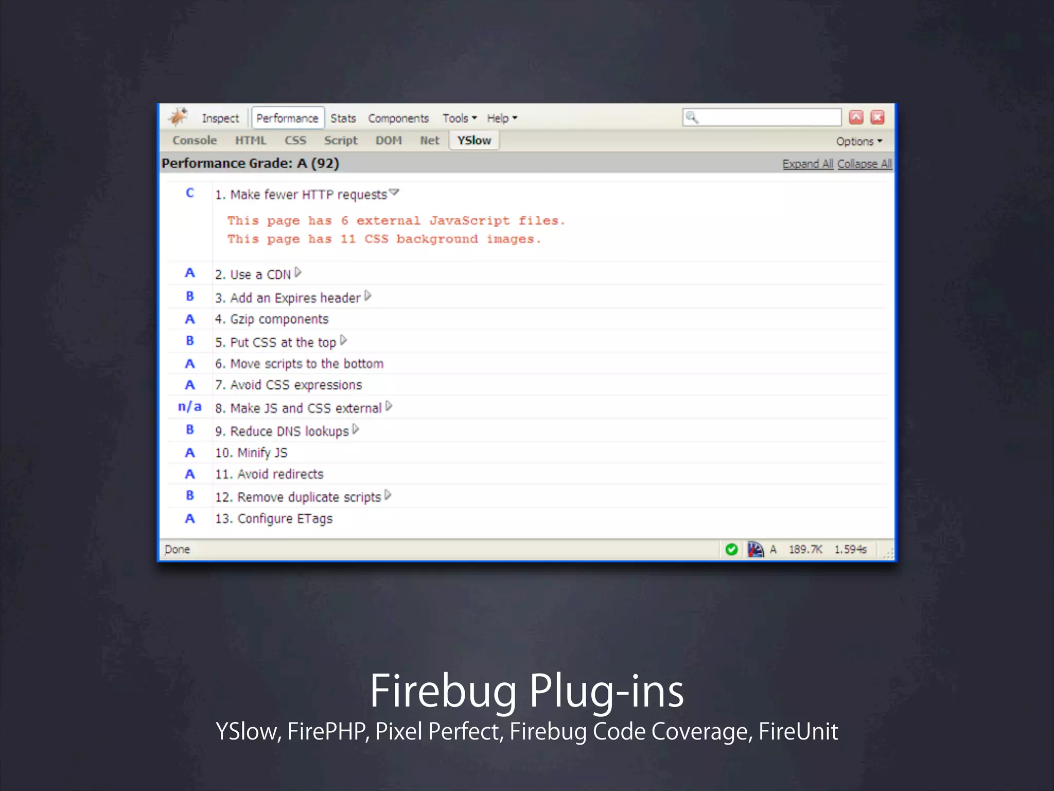 Firebug Plug-ins
YSlow, FirePHP, Pixel Perfect, Firebug Code Coverage, FireUnit
 