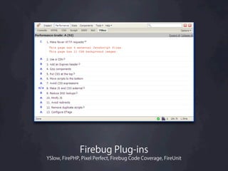 Firebug Plug-ins
YSlow, FirePHP, Pixel Perfect, Firebug Code Coverage, FireUnit
 