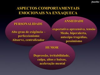 ASPECTOS COMPORTAMENTAIS
EMOCIONAIS NA ENXAQUECA
PERSONALIDADE
PERSONALIDADE
Alto grau de exig
Alto grau de exigência –
ência –
perfeccionismo
perfeccionismo
Absorve, centralizador
Absorve, centralizador
ANSIEDADE
ANSIEDADE
expectativa apreensiva, tensão
expectativa apreensiva, tensão
Medo, hiperalerta,
Medo, hiperalerta,
antecipa tragédias,
antecipa tragédias,
pessimismo
pessimismo
HUMOR
HUMOR
Depressão, irritabilidade,
Depressão, irritabilidade,
culpa,
culpa, altos e baixos,
altos e baixos,
aceleração mental
aceleração mental
Jhenifer
Jhenifer
 
