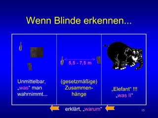 15
Wenn Blinde erkennen...
Unmittelbar,
„was“ man
wahrnimmt...
erklärt, „warum“
(gesetzmäßige)
Zusammen-
hänge
„Elefant“ !!!
„was II“
 