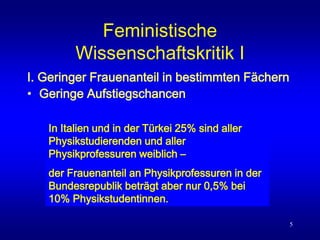 5
Feministische
Wissenschaftskritik I
I. Geringer Frauenanteil in bestimmten Fächern
• Geringe Aufstiegschancen
In Italien und in der Türkei 25% sind aller
Physikstudierenden und aller
Physikprofessuren weiblich –
der Frauenanteil an Physikprofessuren in der
Bundesrepublik beträgt aber nur 0,5% bei
10% Physikstudentinnen.
 