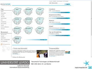 Einführung in Topic Maps




                                         “Semantische Technologien und Medieninformatik”
                                         M&C 2009, Berlin, Dr. Lutz Maicher
               Institut für Informatik
   Automatische Sprachverarbeitung                                                         topicmapslab.de   17
 