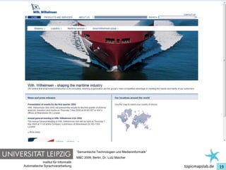 Einführung in Topic Maps




                                         “Semantische Technologien und Medieninformatik”
                                         M&C 2009, Berlin, Dr. Lutz Maicher
               Institut für Informatik
   Automatische Sprachverarbeitung                                                         topicmapslab.de   19
 