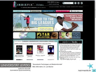 Einführung in Topic Maps




                                         “Semantische Technologien und Medieninformatik”
                                         M&C 2009, Berlin, Dr. Lutz Maicher
               Institut für Informatik
   Automatische Sprachverarbeitung                                                         topicmapslab.de   23
 