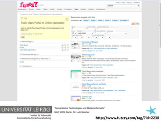Einführung in Topic Maps
… even more Topic Maps portals




                                         “Semantische Technologien und Medieninformatik”
                                         M&C 2009, Berlin, Dr. Lutz Maicher
               Institut für Informatik
   Automatische Sprachverarbeitung                                             http://www.fuzzzy.com/tag/?id=2238
                                                                                                   topicmapslab.de 24
 