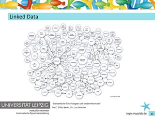 Einführung in Topic Maps
Linked Data




                                         “Semantische Technologien und Medieninformatik”
                                         M&C 2009, Berlin, Dr. Lutz Maicher
               Institut für Informatik
   Automatische Sprachverarbeitung                                                         topicmapslab.de   33
 