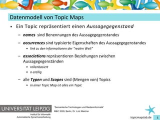 Einführung in Topic Maps
Datenmodell von Topic Maps
•   Ein Topic repräsentiert einen Aussagegegenstand
     – names sind Benennungen des Aussagegegenstandes
     – occurrences sind typisierte Eigenschaften des Aussagegegenstandes
             • link zu den Informationen der “realen Welt”

     – associations repräsentieren Beziehungen zwischen
       Aussagegegenständen
             • rollenbasiert
             • n-stellig

     – alle Typen und Scopes sind (Mengen von) Topics
             • in einer Topic Map ist alles ein Topic




                                          “Semantische Technologien und Medieninformatik”
                                          M&C 2009, Berlin, Dr. Lutz Maicher
                Institut für Informatik
    Automatische Sprachverarbeitung                                                         topicmapslab.de   5
 