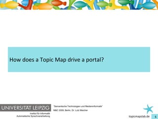 Einführung in Topic Maps




How does a Topic Map drive a portal?




                                         “Semantische Technologien und Medieninformatik”
                                         M&C 2009, Berlin, Dr. Lutz Maicher
               Institut für Informatik
   Automatische Sprachverarbeitung                                                         topicmapslab.de   6
 