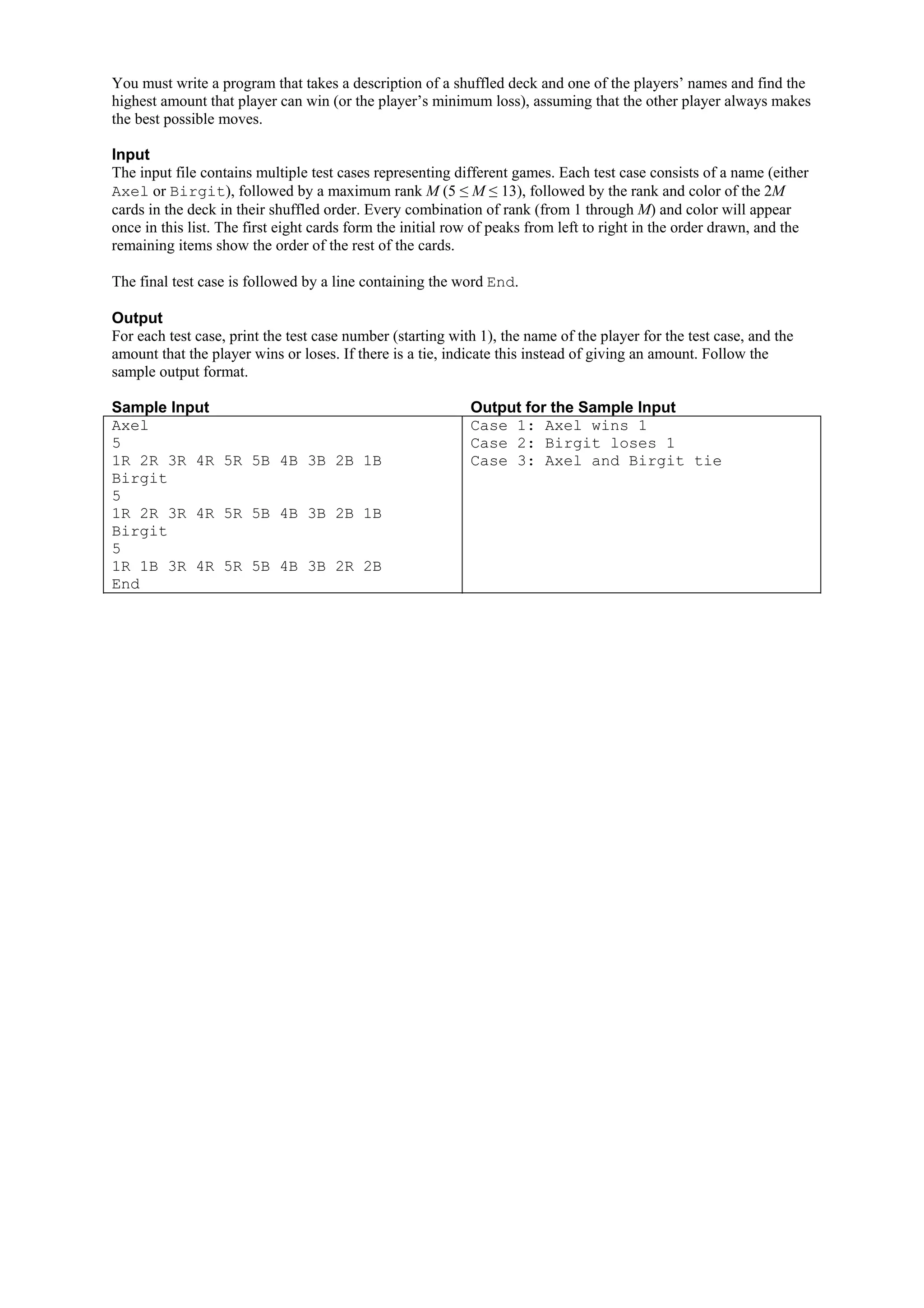 You must write a program that takes a description of a shuffled deck and one of the players’ names and find the highest amount that player can win (or the player’s minimum loss), assuming that the other player always makes the best possible moves. Input The input file contains multiple test cases representing different games. Each test case consists of a name (either Axel or Birgit), followed by a maximum rank M (5 ≤ M ≤ 13), followed by the rank and color of the 2M cards in the deck in their shuffled order. Every combination of rank (from 1 through M) and color will appear once in this list. The first eight cards form the initial row of peaks from left to right in the order drawn, and the remaining items show the order of the rest of the cards. The final test case is followed by a line containing the word End. Output For each test case, print the test case number (starting with 1), the name of the player for the test case, and the amount that the player wins or loses. If there is a tie, indicate this instead of giving an amount. Follow the sample output format. Sample Input Output for the Sample Input Axel Case 1: Axel wins 1 5 Case 2: Birgit loses 1 1R 2R 3R 4R 5R 5B 4B 3B 2B 1B Case 3: Axel and Birgit tie Birgit 5 1R 2R 3R 4R 5R 5B 4B 3B 2B 1B Birgit 5 1R 1B 3R 4R 5R 5B 4B 3B 2R 2B End 