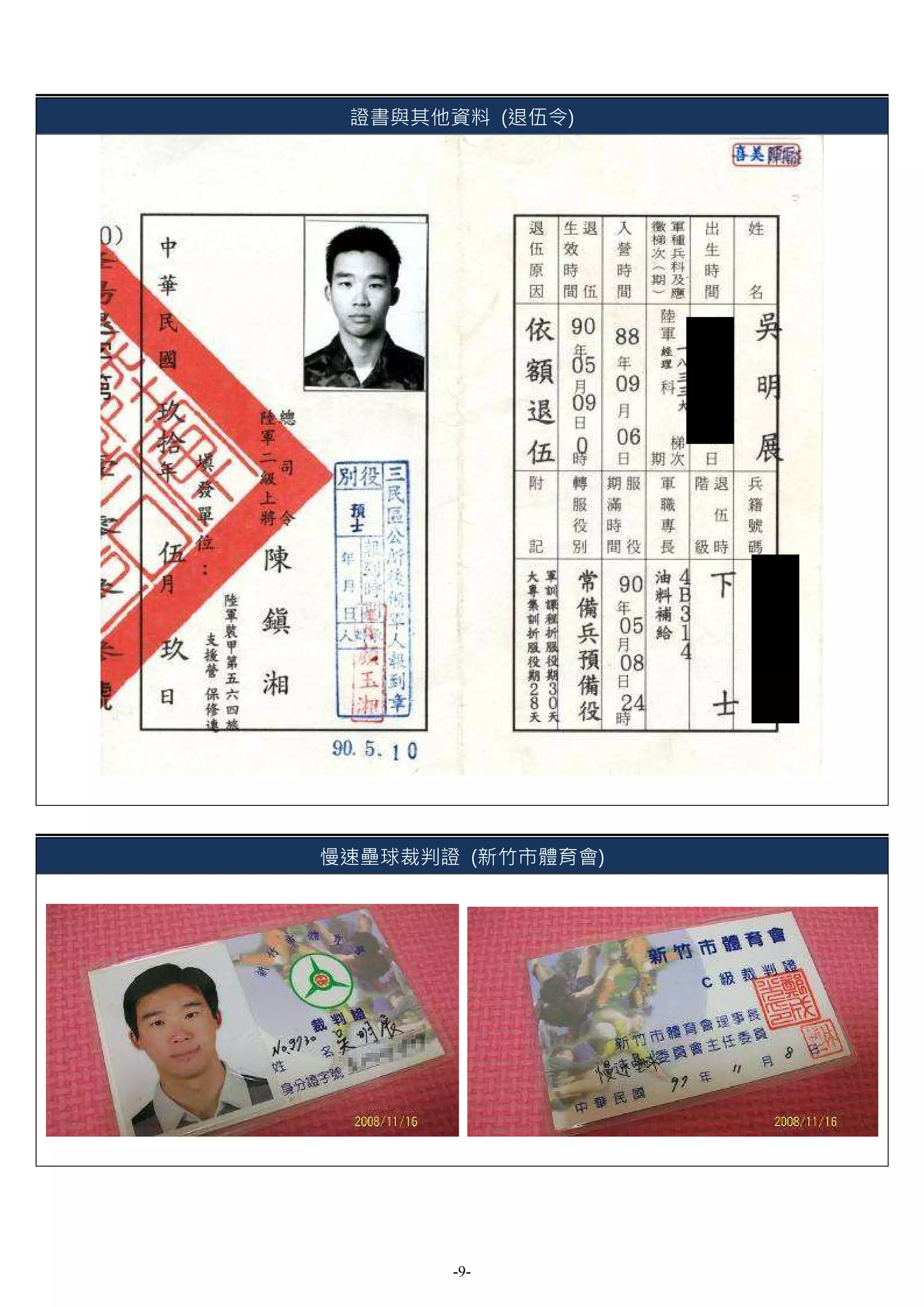 證書與其他資料 (退伍令)




慢速壘球裁判證 (新竹市體育會)




       -9-
 