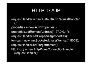 HTTP -> AJP
requestHandler = new DefaultAJPRequestHandler
  ();
properties = new AJPProperties();
properties.setRemoteAddress(“127.0.0.1");
requestHandler.setProperties(properties);
tomcat = new InetSocketAddress("tomcat", 8009);
requestHandler.setTarget(tomcat);
httpProxy = new HttpProxyConnectionHandler
  (requestHandler);
 