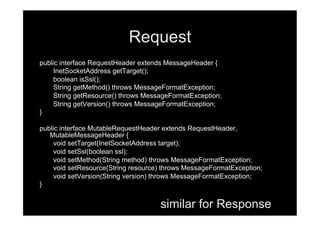 Request
public interface RequestHeader extends MessageHeader {
    InetSocketAddress getTarget();
    boolean isSsl();
    String getMethod() throws MessageFormatException;
    String getResource() throws MessageFormatException;
    String getVersion() throws MessageFormatException;
}

public interface MutableRequestHeader extends RequestHeader,
   MutableMessageHeader {
    void setTarget(InetSocketAddress target);
    void setSsl(boolean ssl);
    void setMethod(String method) throws MessageFormatException;
    void setResource(String resource) throws MessageFormatException;
    void setVersion(String version) throws MessageFormatException;
}


                                    similar for Response
 