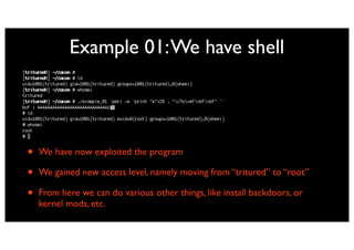 Example 01: We have shell




•   We have now exploited the program

•   We gained new access level, namely moving from “tritured” to “root”

•   From here we can do various other things, like install backdoors, or
    kernel mods, etc.
 