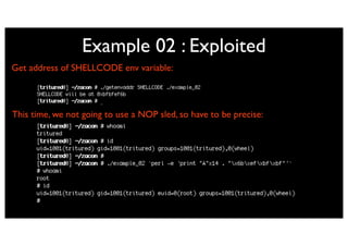 Example 02 : Exploited
Get address of SHELLCODE env variable:



This time, we not going to use a NOP sled, so have to be precise:
 