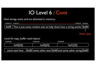 IO Level 6 : Cont
How strings work, and are delimited in memory:
 0xbfbfeea0   0xbfbfeea1                                                   0xbfbfede 0xbfbfedf

  0x09 This is just some random text to help show how a string works 0x00

                                                                                NULL byte
Level 6’s copy_buffer stack layout:
 0xbfbfaa00                     0xbfbfaa20              0xbfbfaa40

               buf3[32]                      buf2[32]                buf1[32]

    some text here         0x00 some other text 0x00 and some other string 0x00
 