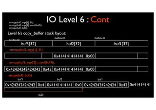 strncpy(buf2, argv[1], 31);
 strncpy(buf3, argv[2], sizeof(buf3));
                                         IO Level 6 : Cont
 strncpy(buf1, buf3);

 Level 6’s copy_buffer stack layout:
                                           0xbfbfaa20              0xbfbfaa40
 0xbfbfaa00
              buf3[32]                                  buf2[32]                buf1[32]
  strncpy(buf2, argv[1], 31);

                                          0x414141414141 0x00
 strncpy(buf3, argv[2], sizeof(buf3));

0x42424242424242 0x42 0x414141414141 0x00
 strcpy(buf1, buf3)
          buf3                               buf2                     buf1

0x424242424242 0x4 0x4141414141 0x0 0x4242424242424 0x42 0x41414141
      42        2       41       0        242
                                 buf3
 