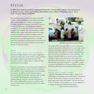 Africa
      In 2000, Direct Relief International provided material assistance to local facilities, programs, and organizations in
      12 African Countries: Congo, Eritrea, Ghana, Guinea-Bissau, Kenya, Malawi, Mozambique, Nigeria , Sierra
      Leone, Tanzania, Uganda, and Zambia


      Rich in natural resources but beset by ethnic and tribal
      violence, political instability, poverty, disease and famine,
      Africa presents what many consider to be the greatest
      challenge to global development. Out of the 25 countries
      that the U.N. describes as “low human development”
      countries, 22 are in Africa; 33 of the 47 “Least Developed
      Countries” are in Africa. The devastating effect of HIV/
      AIDS has led to a major drop in life expectancy in many
      countries and resulted in millions of orphans, many of
      whom must fend for themselves because of scarce to non-
      existent social- and health-support services. In 2000,
      Direct Relief identified several new partner institutions and
      health programs, and increased assistance levels to Africa                            2000 DRI shipment being received in Uganda
      through 33 medical donations.
                                                                      An average 100 women and children come to a clinic each
                                                                      day, but in the past the staff has had few or none of the critical
      Ghana                                                           medicines and supplies needed for treatment. In 2000, with
      Jehovah Rapha Health Care Foundation                            funding from the Carsey-Werner Company, Direct Relief was
      The Jehovah Rapha Health Care Foundation supports 30            able to provide its second shipment to Jehovah Rapha. The
      community health clinics in the southwest region of Ghana       shipment included antibiotics, prenatal vitamins, children’s
      with supplies, guidance and technical training. The             chewable vitamins, oral contraceptives, baby scales, oral
      Foundation’s Director, Madam Oku, is a registered nurse         rehydration salts, exam gloves, needles and syringes, pediatric
      and third generation midwife.                                   blood pressure cuffs, and other primary care supplies. Corpo-
                                                                      rate donors including Becton-Dickinson, Ethicon and Ortho-
      The focus of each clinic is to serve the needs of women and     McNeil provided major material support for this project.
      children by providing pre- and post-natal care, immuniza-
      tions, well-baby exams, family planning, and other primary      Tanzania
      care services. In addition, the Foundation promotes             Nyakato AIDS Outreach Project
      preventive health care through community talks on topics        “I hope that Direct Relief will be able to help us! We have 190
      such as health during pregnancy, early symptoms of              AIDS patients in the Nyakato area, and that number is growing all
      childhood diseases, nutrition, and safe sexual practices.       the time. We know that any help you can give us will be very
      Each clinic is staffed with one nurse, two midwives, and        greatly appreciated by these AIDS patients. We don’t have access
      several health assistants, all of whom reside in the commu-     to the new ‘therapies’ but the antibiotics, etc. are very helpful to us
      nity they serve.                                                in treating the opportunistic infections that people get.”
                                                                                          - Sister Veronica, Project Director
9..
 