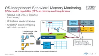 OS-Independent Behavioral Memory Monitoring 
McAfee Confidential 
DLL 
Code (RO) 
. 
CPU extended page tables (EPTs) as memory monitoring domains 
18 
VM0 
CPU0 
Hypervisor 
Intel® VT-x with EPT 
Extended Page Table 
(EPT) Domains 
EPT 
Walker 
Execution Crossing 
EPT Domains or Data 
Data 
(NP) 
host physical Accesses Cause Events. 
address 
Intel® Virtualization Technology for IA-32, Intel® 64 and Intel® Architecture (Intel® VT-x) 
Application 
Code/Data 
(RX/RW) 
DLL 
Code (RX) 
Application 
Code/Data 
(RO/NP) 
Data 
(RW) 
• Observe read, write, or execution 
from memory. 
• Critical data structure tracking. 
• Critical API execution tracking 
without circumvention. 
 