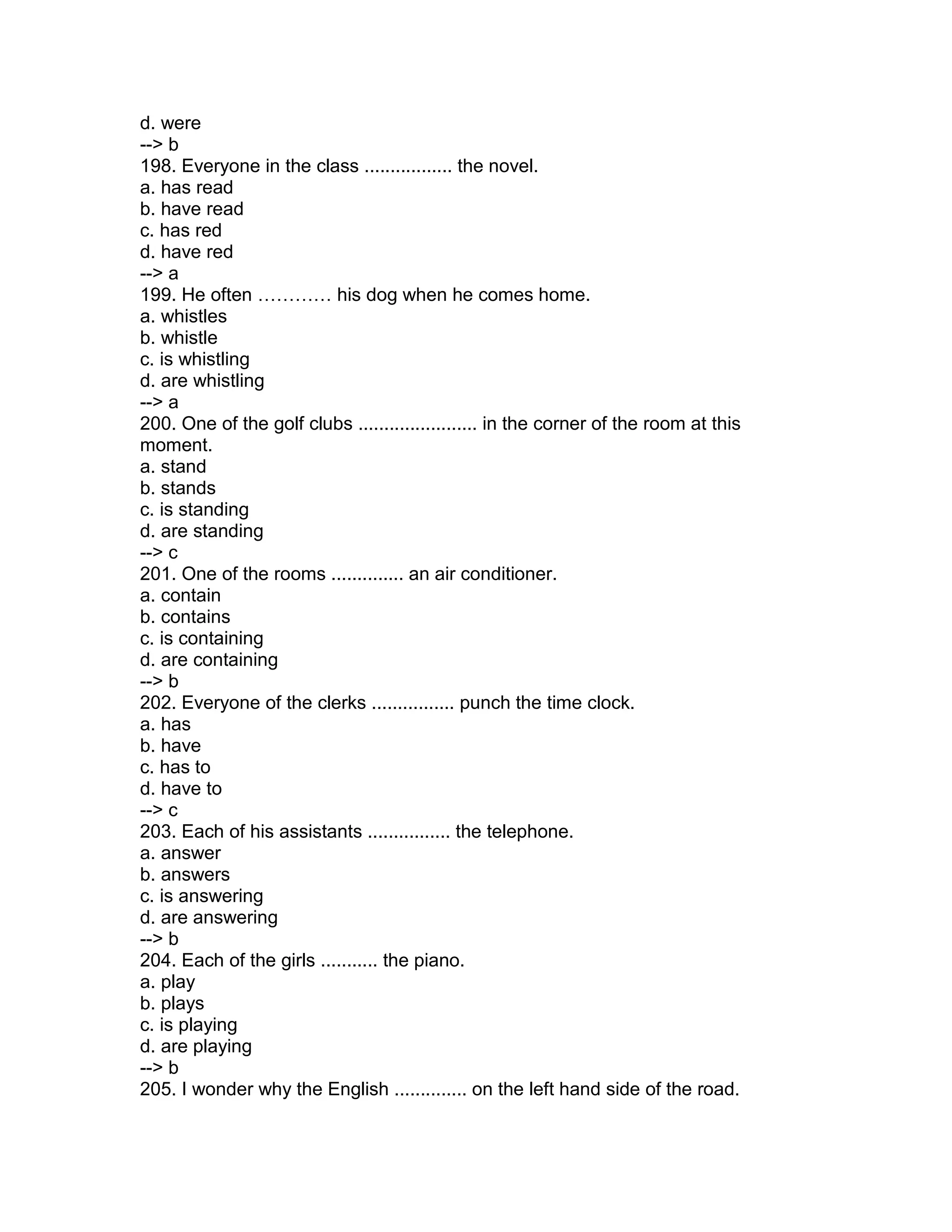 d. were
--> b
198. Everyone in the class ................. the novel.
a. has read
b. have read
c. has red
d. have red
--> a
199. He often ………… his dog when he comes home.
a. whistles
b. whistle
c. is whistling
d. are whistling
--> a
200. One of the golf clubs ....................... in the corner of the room at this
moment.
a. stand
b. stands
c. is standing
d. are standing
--> c
201. One of the rooms .............. an air conditioner.
a. contain
b. contains
c. is containing
d. are containing
--> b
202. Everyone of the clerks ................ punch the time clock.
a. has
b. have
c. has to
d. have to
--> c
203. Each of his assistants ................ the telephone.
a. answer
b. answers
c. is answering
d. are answering
--> b
204. Each of the girls ........... the piano.
a. play
b. plays
c. is playing
d. are playing
--> b
205. I wonder why the English .............. on the left hand side of the road.
 