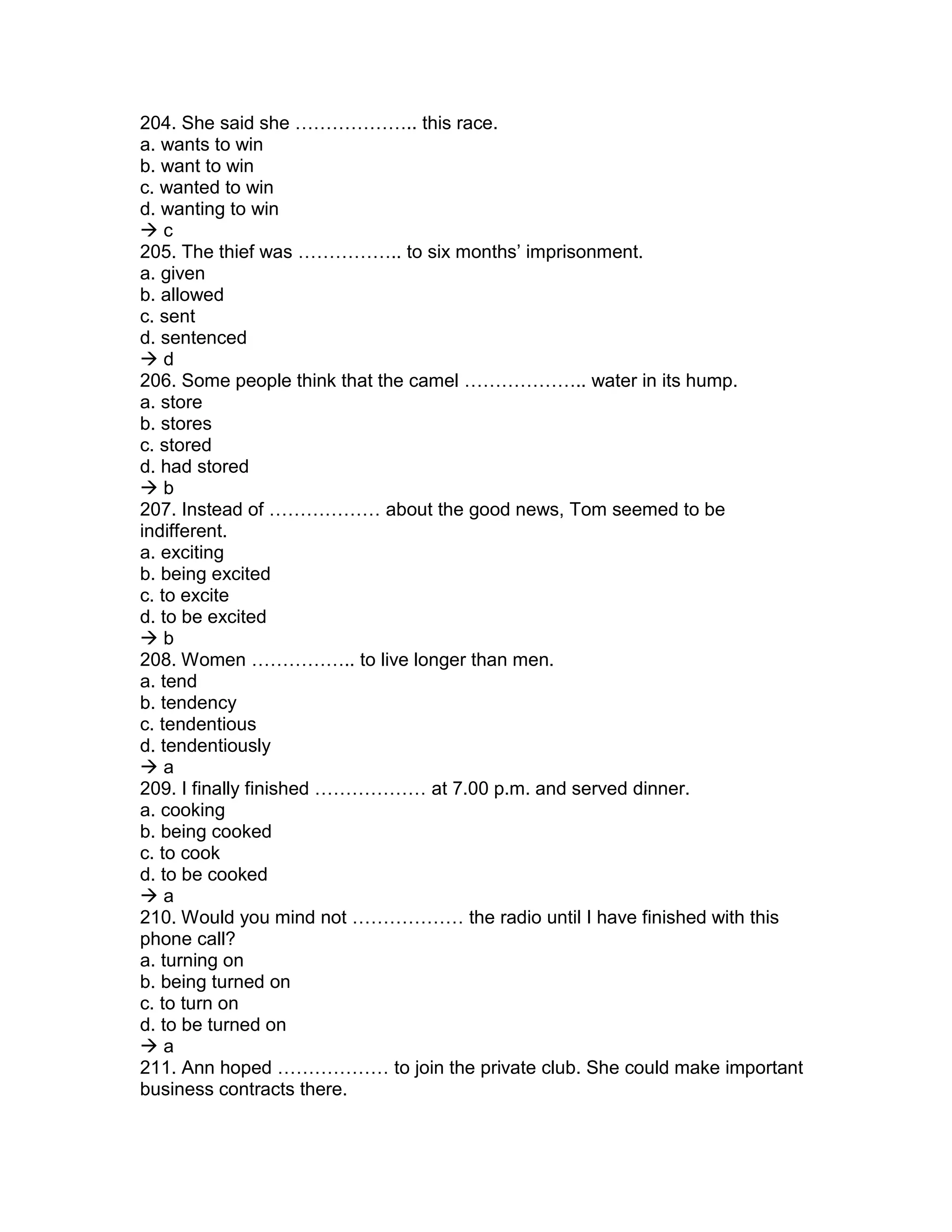 204. She said she ……………….. this race.
a. wants to win
b. want to win
c. wanted to win
d. wanting to win
 c
205. The thief was …………….. to six months’ imprisonment.
a. given
b. allowed
c. sent
d. sentenced
 d
206. Some people think that the camel ……………….. water in its hump.
a. store
b. stores
c. stored
d. had stored
 b
207. Instead of ……………… about the good news, Tom seemed to be
indifferent.
a. exciting
b. being excited
c. to excite
d. to be excited
 b
208. Women …………….. to live longer than men.
a. tend
b. tendency
c. tendentious
d. tendentiously
 a
209. I finally finished ……………… at 7.00 p.m. and served dinner.
a. cooking
b. being cooked
c. to cook
d. to be cooked
 a
210. Would you mind not ……………… the radio until I have finished with this
phone call?
a. turning on
b. being turned on
c. to turn on
d. to be turned on
 a
211. Ann hoped ……………… to join the private club. She could make important
business contracts there.
 