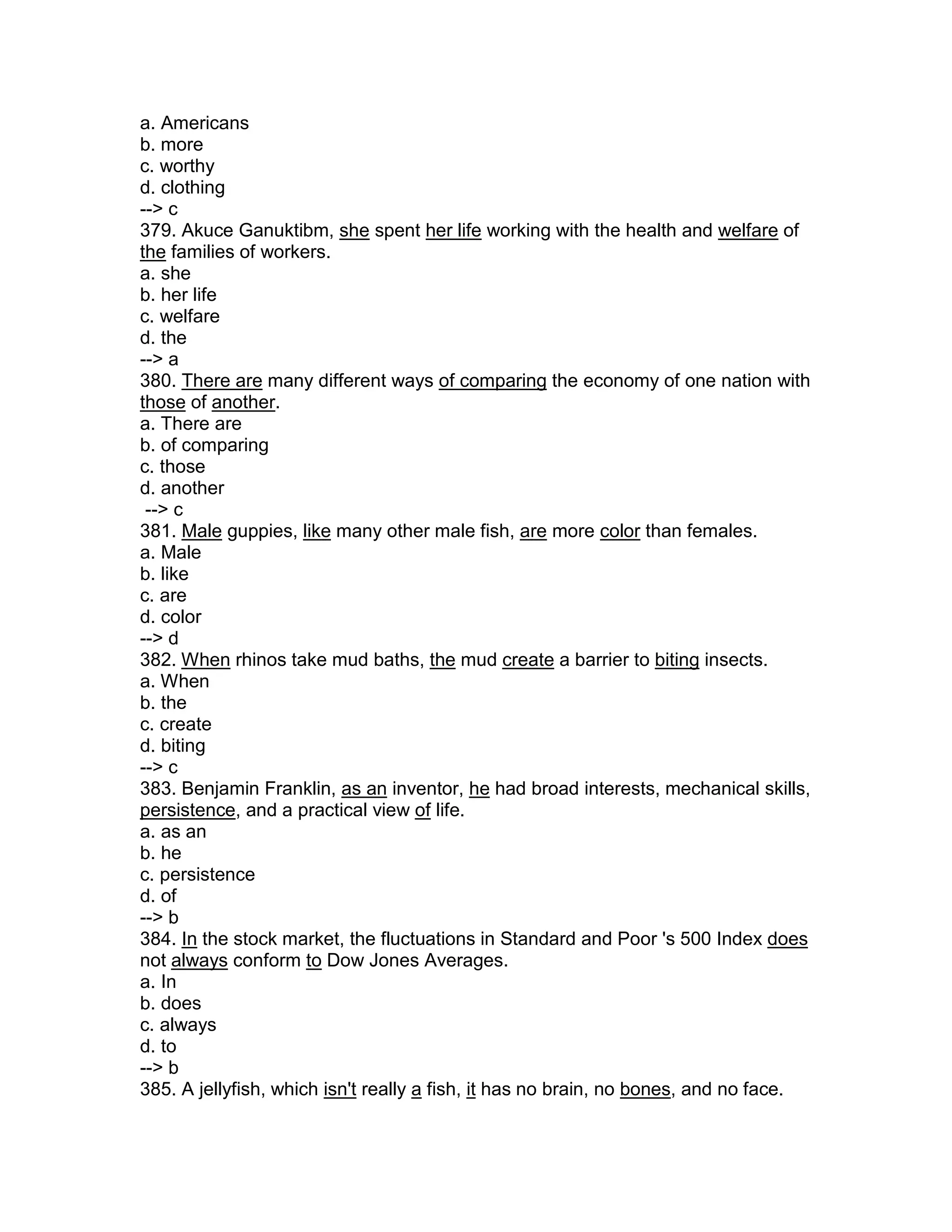 a. Americans
b. more
c. worthy
d. clothing
--> c
379. Akuce Ganuktibm, she spent her life working with the health and welfare of
the families of workers.
a. she
b. her life
c. welfare
d. the
--> a
380. There are many different ways of comparing the economy of one nation with
those of another.
a. There are
b. of comparing
c. those
d. another
--> c
381. Male guppies, like many other male fish, are more color than females.
a. Male
b. like
c. are
d. color
--> d
382. When rhinos take mud baths, the mud create a barrier to biting insects.
a. When
b. the
c. create
d. biting
--> c
383. Benjamin Franklin, as an inventor, he had broad interests, mechanical skills,
persistence, and a practical view of life.
a. as an
b. he
c. persistence
d. of
--> b
384. In the stock market, the fluctuations in Standard and Poor 's 500 Index does
not always conform to Dow Jones Averages.
a. In
b. does
c. always
d. to
--> b
385. A jellyfish, which isn't really a fish, it has no brain, no bones, and no face.
 