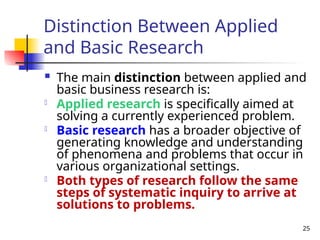 25
Distinction Between Applied
and Basic Research
 The main distinction between applied and
basic business research is:
- Applied research is specifically aimed at
solving a currently experienced problem.
- Basic research has a broader objective of
generating knowledge and understanding
of phenomena and problems that occur in
various organizational settings.
- Both types of research follow the same
steps of systematic inquiry to arrive at
solutions to problems.
 