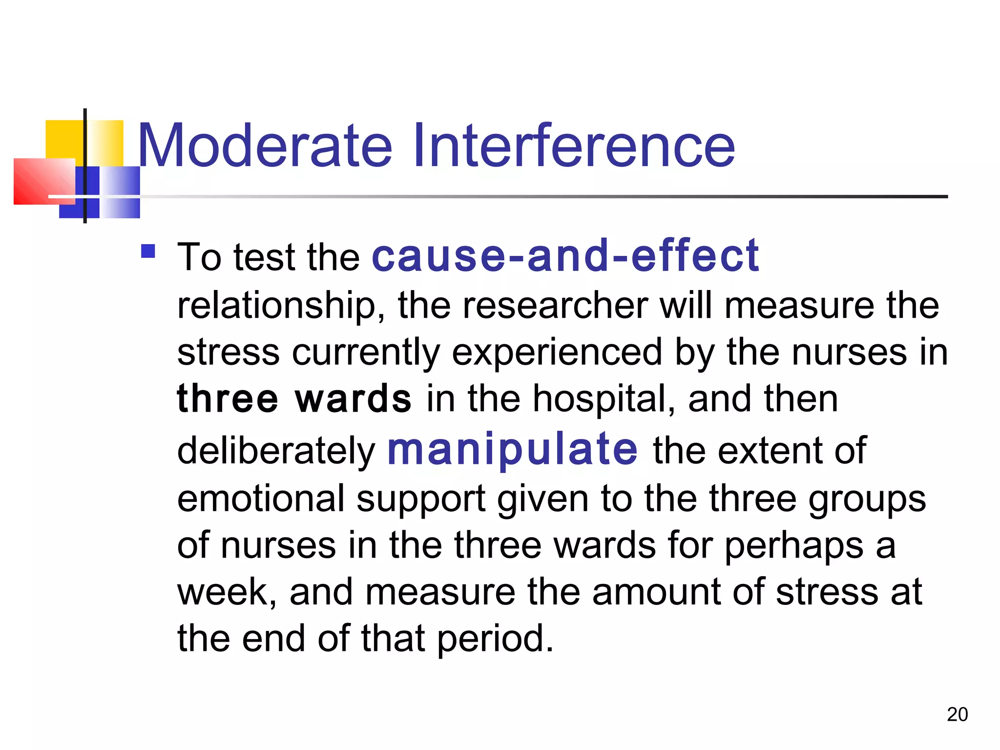 Moderate Interference
   To test the cause-and-effect
    relationship, the researcher will measure the
    stress currently experienced by the nurses in
    three wards in the hospital, and then
    deliberately manipulate the extent of
    emotional support given to the three groups
    of nurses in the three wards for perhaps a
    week, and measure the amount of stress at
    the end of that period.
                                                20
 