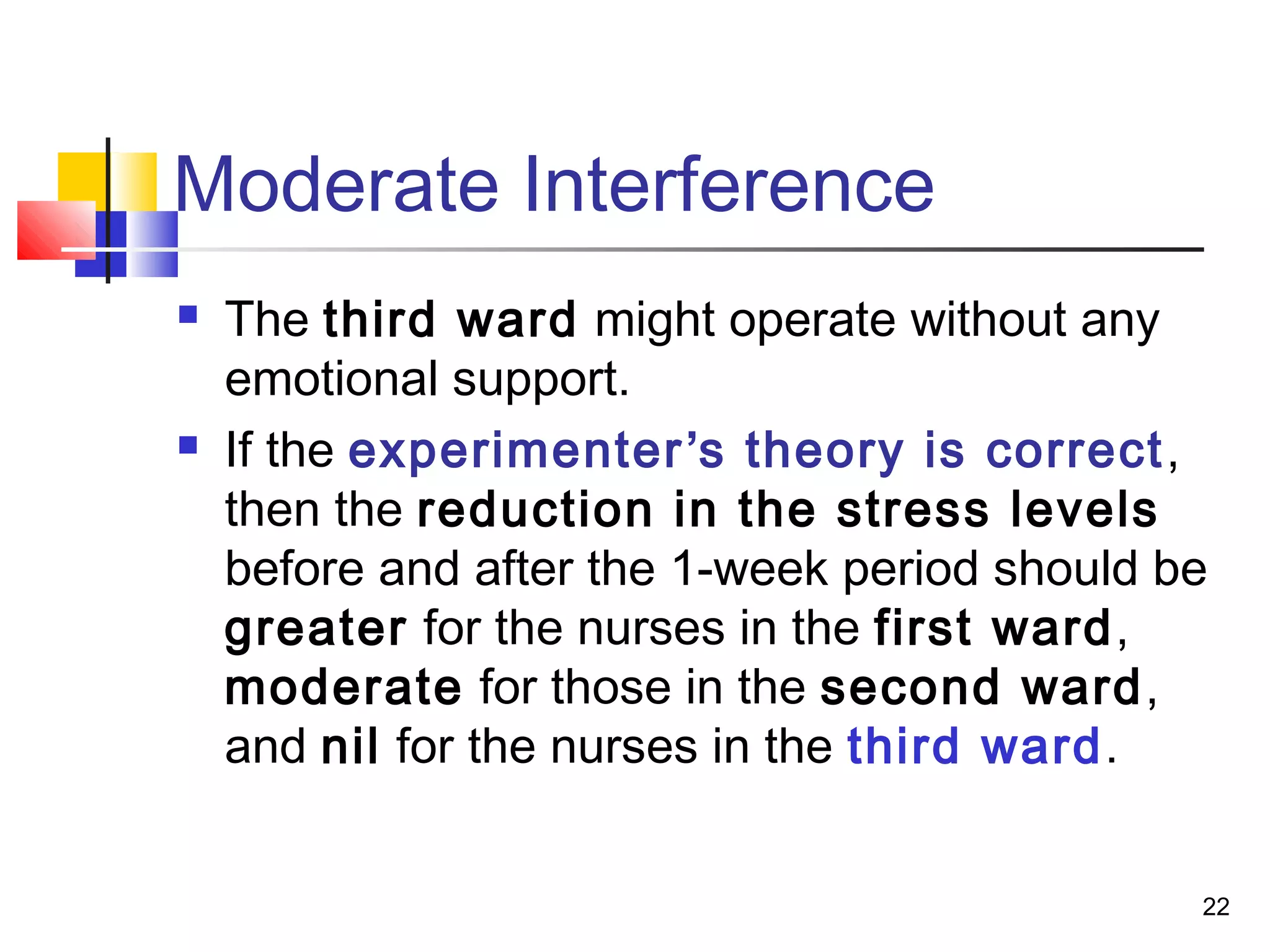 Moderate Interference
   The third ward might operate without any
    emotional support.
   If the experimenter’s theory is correct ,
    then the reduction in the stress levels
    before and after the 1-week period should be
    greater for the nurses in the first ward,
    moderate for those in the second ward,
    and nil for the nurses in the third ward.


                                               22
 