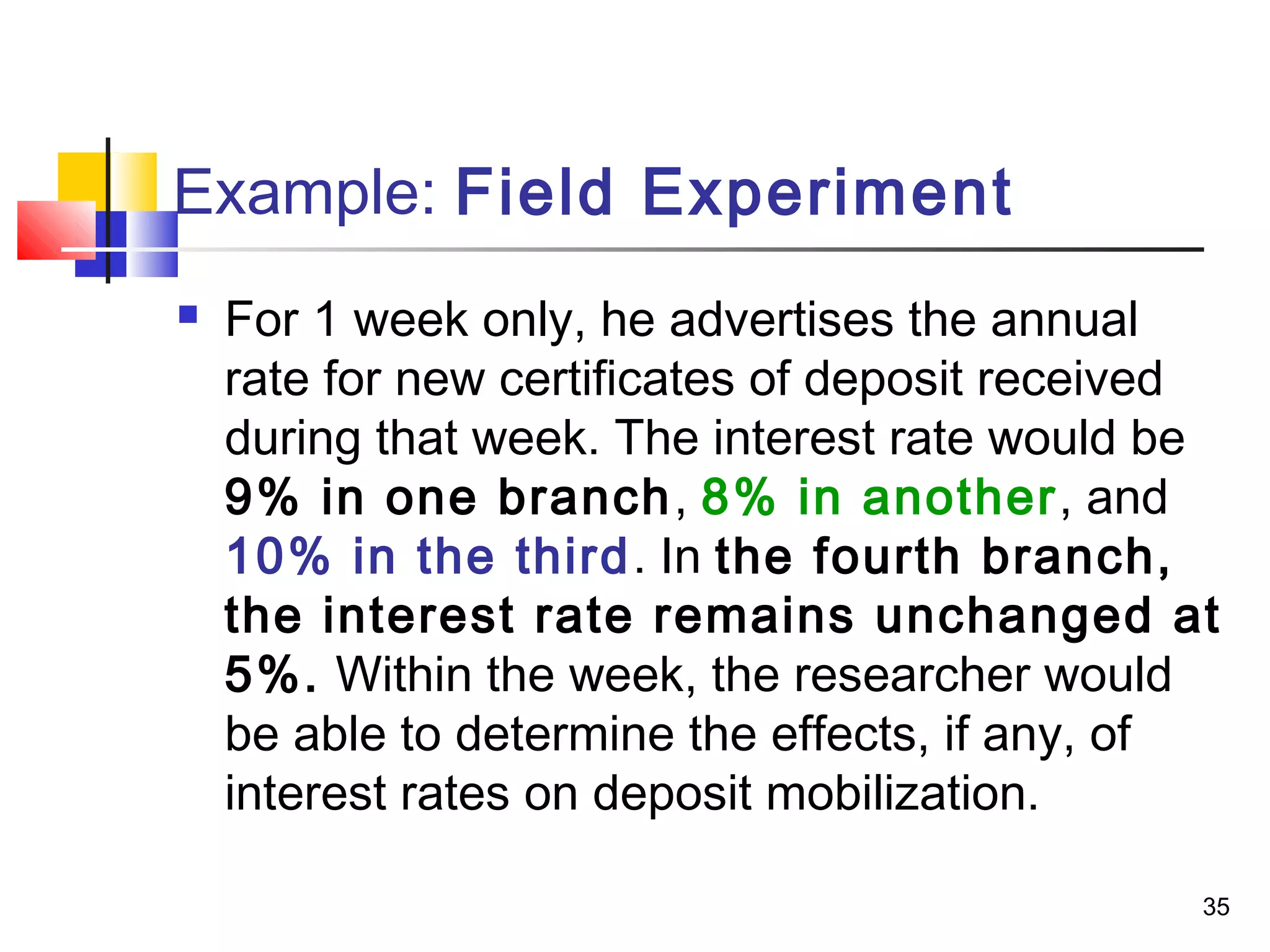Example: Field Experiment
   For 1 week only, he advertises the annual
    rate for new certificates of deposit received
    during that week. The interest rate would be
    9% in one branch, 8% in another, and
    10% in the third. In the fourth branch,
    the interest rate remains unchanged at
    5%. Within the week, the researcher would
    be able to determine the effects, if any, of
    interest rates on deposit mobilization.

                                                35
 