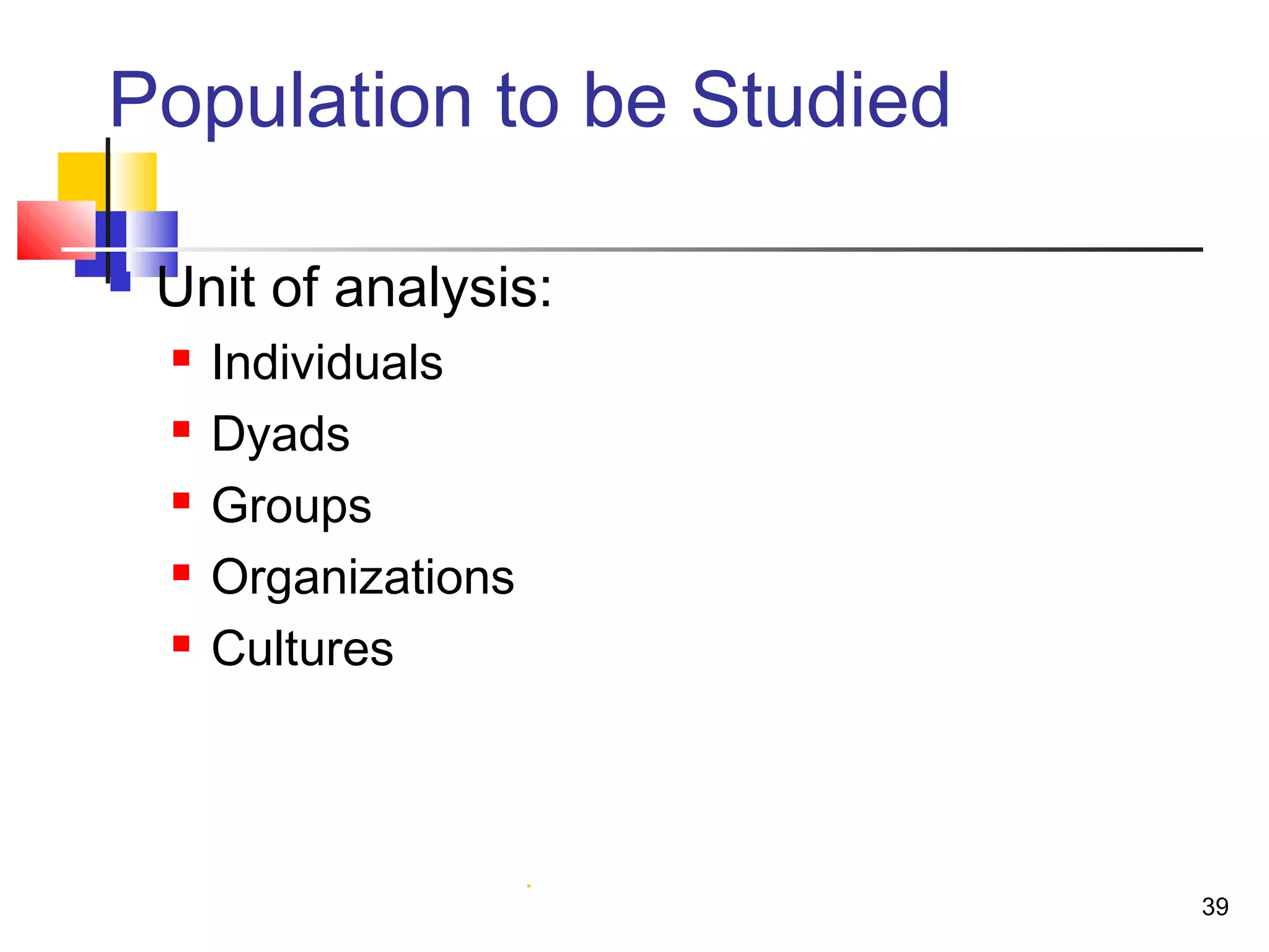 Population to be Studied

   Unit of analysis:
       Individuals
       Dyads
       Groups
       Organizations
       Cultures



                        .
                            39
 