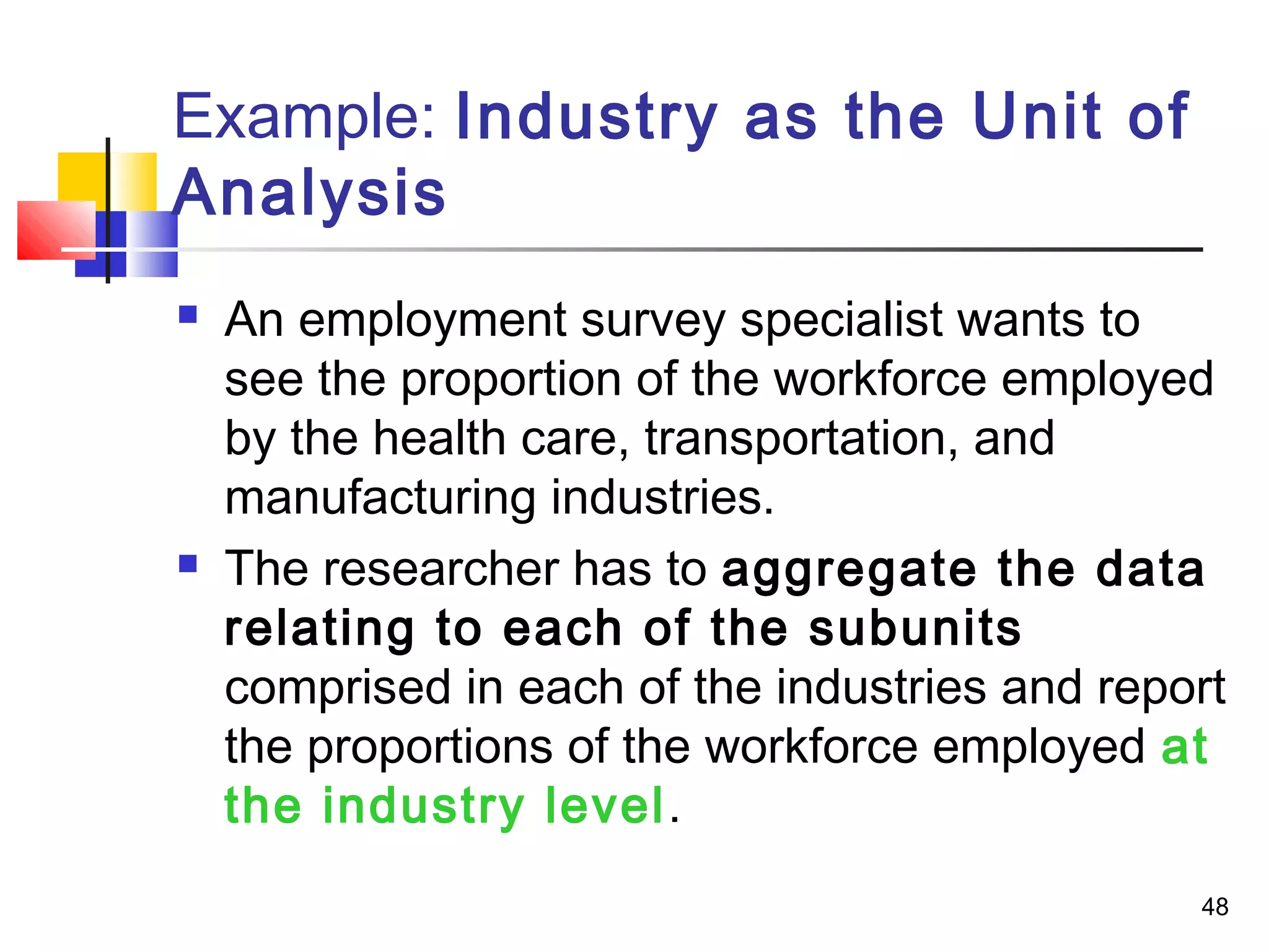 Example: Industry as the Unit of
Analysis
   An employment survey specialist wants to
    see the proportion of the workforce employed
    by the health care, transportation, and
    manufacturing industries.
   The researcher has to aggregate the data
    relating to each of the subunits
    comprised in each of the industries and report
    the proportions of the workforce employed at
    the industry level.
                                                48
 
