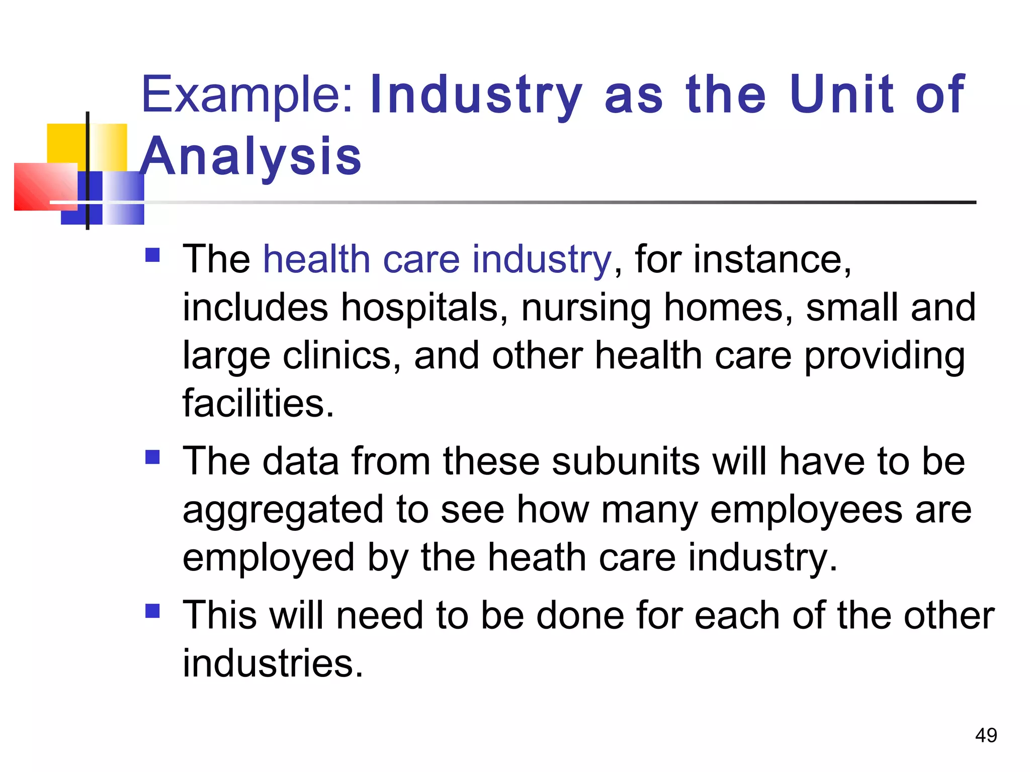 Example: Industry as the Unit of
Analysis
   The health care industry, for instance,
    includes hospitals, nursing homes, small and
    large clinics, and other health care providing
    facilities.
   The data from these subunits will have to be
    aggregated to see how many employees are
    employed by the heath care industry.
   This will need to be done for each of the other
    industries.
                                                 49
 