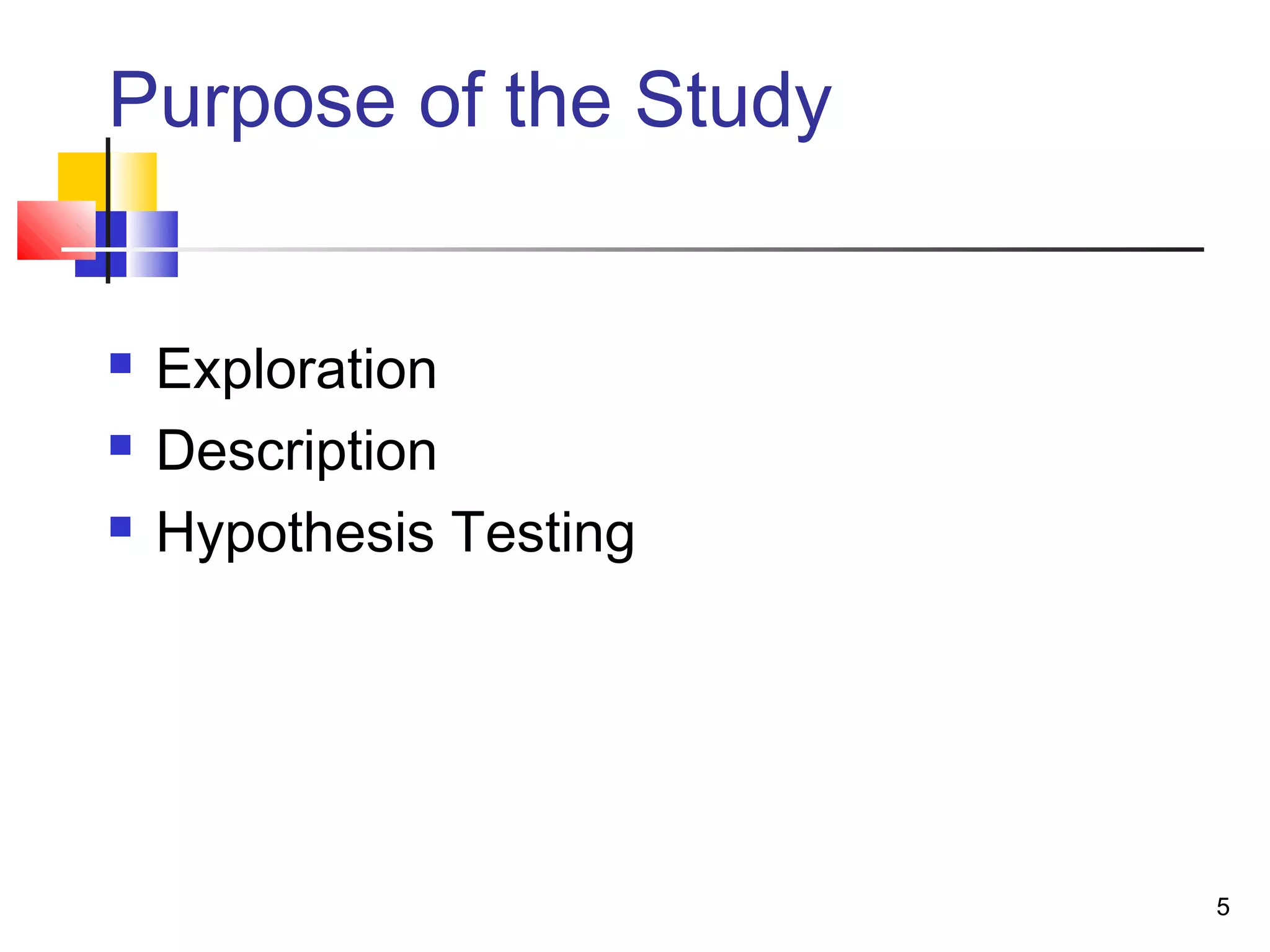 Purpose of the Study


   Exploration
   Description
   Hypothesis Testing




                         5
 