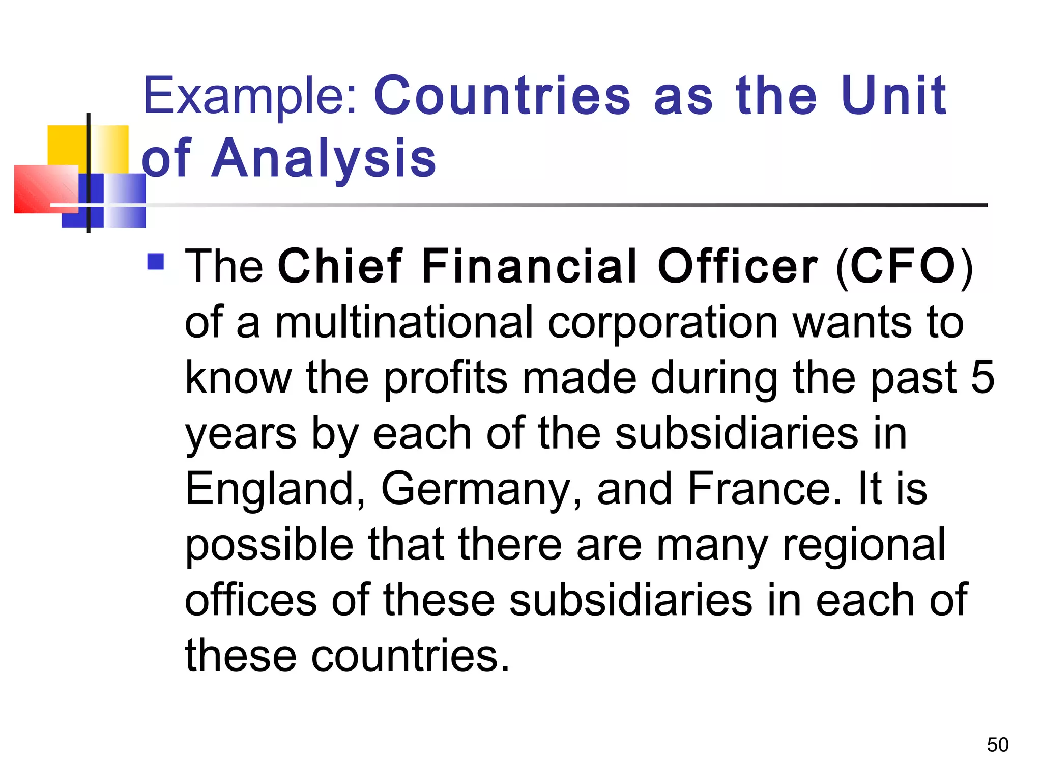 Example: Countries as the Unit
of Analysis
   The Chief Financial Officer (CFO)
    of a multinational corporation wants to
    know the profits made during the past 5
    years by each of the subsidiaries in
    England, Germany, and France. It is
    possible that there are many regional
    offices of these subsidiaries in each of
    these countries.
                                           50
 