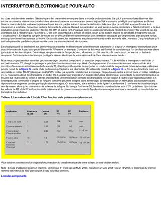 INTERRUPTEUR ÉLECTRONIQUE POUR AUTO

Au cours des dernières années, l'électronique a fait une entrée remarquée dans le monde de l'automobile. Ce qui, il y a moins d'une décennie était
encore un domaine réservé aux chaudronniers et autres tourneurs sur métaux est devenu aujourd'hui le domaine privilégié des ingénieurs en blouse
blanche, manipulant des instruments plus exotiques les uns que les autres. Le monde de l'automobile n'est plus ce qu'il était vous confirmera tout
mécanicien a la retraite. Cependant certains fabricants de voitures, Renault en particulier, se sont lancés à corps perdu dans « l'électronification » de leur
production, pour preuve les versions TXE des R9, R11 et autres R21. Pourquoi donc les autres constructeurs hésitent-ils encore ? Ne voient-ils pas les
avantages dûs à l'électronique ? Loin de là. C'est bien souvent pour la simple et bonne raison qu'ils doutent encore de la fiabilité à long terme de ces
« accessoires ». En dépit de son prix, la voiture est en effet un bien de consommation dont l'entretien est assuré par un personnel bien souvent novice,
en ce qui concerne l'électronique du moins. En cas de panne, les instruments les plus convaincants sont le tournevis et le...marteau. Ce qui explique qu'il
soit indispensable que l'électronique montée dans une automobile soit très robuste.
Le circuit proposé ici est destiné aux personnes plus expertes en électronique qu'en électricité automobile : il s'agit d'un interrupteur électronique (pour
auto) indestructible. A quoi cela peut-il bien servir ? Prenons un exemple. Combien de fois vous est-il arrivé de constater que l'un des feux de votre chère
(prix) toto ne fonctionnait plus. Démontage, remplacement de l'ampoule, rien, allons voir du côté des fils, pftt, court-circuit... et encore un fusible à
remplacer. Cet interrupteur électronique protège le réseau électrique de votre véhicule lors d'une intervention sur celui-ci.
Nous vous proposons deux variantes pour ce montage. Les deux comportent un transistor de puissance, T1, le véritable « interrupteur » en fait et un
second transistor, T2, chargé de protéger le précédent contre un courant trop élevé. On dispose ainsi d'un ensemble vraiment indestructible, et à
condition d'assurer un refroidissement efficace de T1, d'un dispositif capable de supporter un court-circuit de longue durée. Nous avons une préférence
pour le circuit de la figure 1a car la chute de tension qu'il entraîne est plus faible. On utilisera le circuit de la figure 1b si l'on ne peut mettre la main sur
un modèle en boîtier TO-3P (plastique) du 2N2955, boîtier qui simplifie notablement le montage. On peut aussi mettre le circuit dans un boîtier métallique
(!), ou nous avons utilisé des transistors en boîtier TO-3. A noter qu'il s'agit là d'un double interrupteur électronique, les contacts du second interrupteur se
trouvent sur l'autre côté du boîtier. Il est très important de vérifier l'isolation parfaite des transistors l'un par rapport à l'autre et par rapport au boîtier. S1,
l'interrupteur de commande d'origine de l'organe concerné peut être soit pris dans le montage, soit remplacé par un interrupteur aux caractéristiques
répondant aux exigences posées par l'application envisagée. On le constate, sur le schéma de la figure 1a, en fermant S1 on ferme le circuit électrique
vers la masse, alors qu'au contraire sur le schéma de la figure 1b, lorsque l'on ferme S1, l'entrée du circuit est mise au + 12 V. Le tableau 1 joint donne
les valeurs de R1 et de R2 en fonction de la puissance et du courant correspondent à l'application envisagée ainsi que la nécessité ou non de doter les
transistors d'un radiateur.
Tableau 1. Les valeurs de R1 et de R2 en fonction de la puissance et du courant.




Vous voici en possession d'un dispositif de protection du circuit électrique de votre voiture, de ses fusibles en fait.
Note : En cas d'utilisation du circuit imprimé, vérifier que T1 n'est pas un MJE 2955, mais bien un MJE 2955T ou un TIP2955, le brochage du premier
nommé est inversé de 180° par rapport à celui des deux derniers.
Liste des composants
 