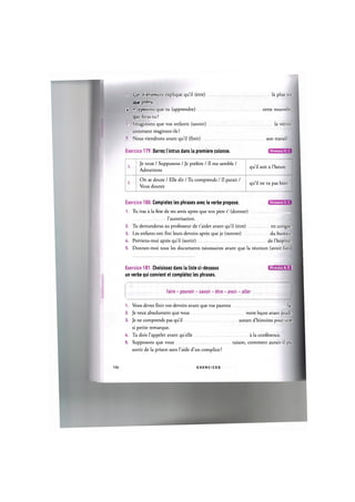 - С я r- er.ement explique qu'il (etre) la plus tot
C i * p i t V U .
: ^-rposons que tu (apprendre) cette nouvelle,
que feras-tu ?
6. Imaginons que vos enfants (savoir) la verite,
comment reagiront-ils ?
7. Nous viendrons avant qu'il (finir) son travail.
Exercice 179. Barrez lintrus dans la premiere colonne. Niveaux В. С
1.
Je veux / Supposons / Je prefere / 11 me semble /
Admettons
qu'il soit a l'heure.
2.
On se doute / Elle dit / Tu comprends / 11 parait /
Vous doutez
qu'il ne va pas bien.
Niveaux В, С
Exercice 180. Completez les phrases avec le verbe propose.
1. Tu iras a la fete de tes amis apres que ton pere t' (donner)
l'autorisation.
2. Tu demanderas au professeur de t'aider avant qu'il (etre) en conges.
3. Les enfants ont fini leurs devoirs apres que je (rentrer) du bureau.
A. Previens-moi apres qu'il (sortir) de l'hopital.
5. Donnez-moi tous les documents necessaires avant que la reunion (avoir lieu
Exercice 181. Choisissez dans la liste ci-dessous IJIWAIU'MJ
un verbe qui convient et completez les phrases.
faire - pouvoir - savoir - etre - avoir - aller
1. Vous devez finir vos devoirs avant que vos parents la.
2. Je veux absolument que vous votre le^on avant jeudi.
3. Je ne comprends pas qu'il autant d'histoires pour une
si petite remarque.
U. Tu dois l'appeler avant quelle a la conference.
5. Supposons que vous raison, comment aurait-il pu
sortir de la prison sans l'aide d'un complice?
104 E X E R C I C E S
 