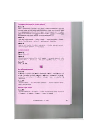 Concordance des temps (au discours indirect)
Exercice 72
Pierre a telephone. II m'a demande si nous venions a la fete de son frere et si nous parti-
cipions au cadeau. Je lui ai repondu que nous preferions acheter nous-memes un cadeau
et que j'allais apporter une bouteille de champagne de chez ma grand-mere. II m'a dit que
cetait une tres bonne idee et qu'il serait ravi de nous voir. Puis il aajoute que la soiree serait
deguisee et que ce serait bien de porter un costume des annees 1930.
Exercice 73
1. etait venu - n'avait repondu - 2. voulais - 3. seriez - 4. allions comprendre - 5. viendrait -
6. devait - 7. avait demande - 8. rentrerait - 9. fallait, viennent -10. alia it etre
Exercice 74
1. avait pu venir la veiLie - 2. viendrions le lendemain - 3. viendrait la semaine suivante -
4. etaient tous partis ce matin-la - 5. revenais alors
connaitre et savoir
Exercice 75
A b a r r e r : 1 . , 4 . , 6., 8., 10.
Exercice 76
I.Oui, с est pourquoi elle connait tres bien la Belgique. - 2. Bonne idee, je connais un bon
restaurant chinois.-3. Je ne sais pas.-4.Tu ne la connais pas? C'est Rosalie.-5. Oui, je sais.
Exercice 77
l.a., b . , c . , f . - 2 . d . , e .
d et dd (double consonne)
Exercice 78
bouddhiste - un pardon - une addition - mediatique - adresse - une production - une
amande - les medias - vendredi - redoutable - additionner - une dedicace - un agenda -
une deduction - un medicament - la seduction - un boudoir - reduire - un prejudice - midi
- Madagascar
Exercice 79
1.incorrect: adresse - 2.vrai - 3. incorrect: malediction - 4. incorrect: addiction - 5.vrai -
4. vrai - 7. incorrect: lundi
d'ailleurs et par ailleurs
Exercice 80
1. Par ailleurs, d'ailleurs-2. Par ailleurs-3. D'ailleurs-4. D'ailleurs, Par ailleurs-5. D'ailleurs
- 6. D'ailleurs - 7. Par ailleurs - 8. d'ailleurs - 9. d'ailleurs, Par ailleurs
E N T R A I N E Z - V O U S DE A A Z 125
 