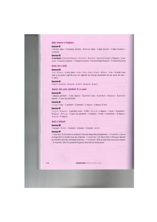 deja, encore et toujours
Exercice 81
1.encore, deja - 2.toujours, encore - З.епсоге, deja - 4.deja, encore - 5.deja, toujours -
6. encore
Exercice 82
A souligner: l.encore/toujours - 2.encore - З.епсоге - 4.encore/toujours, toujours - 5.tou-
jours - 6. encore, toujours - 7. toujours, encore - 8. encore/deja/toujours - 9. encore/toujours
demi, mi et midi
Exercice 83
I.mi - 2.demi - 3.midi, demi - 4.mi - 5.mi - 6.mi - 7.demi - 8.demi - 9.mi - 10.midi («voir
midi a sa porte» signifie que l'on regarde les choses seulement de son point de vue) -
II.demi
Exercice 84
l.demi - 2.demie - 3.demie - 4.demi - 5.demie - 6.demi
depuis, des, puis, pendant, il у a, pour
Exercice 85
1.depuis, pendant - 2.des, depuis - 3.pendant, des - 4.pendant - S.depuis - 6.pendant,
depuis - 7. pour (ou pendant)
Exercice 86
1. il у a 17 ans - 2. pendant - 3. pendant - 4. depuis - 5. depuis 16 ans
Exercice 87
1.il у a - 2.depuis - 3.pendant, puis - 4.Des - 5.il у a - 6.depuis - 7.puis - 8.pendant -
9.depuis - 10.11 у a - 11.pour (ou pendant) - 12.depuis - 13.des - 14.pendant - 15.depuis -
16. II у a - 17.depuis
dont et duquel
Exercice 88
1.duquel - 2.dont - 3.duquel - 4.duquel - 5.duquel - 6.dont
Exercice 89
1. incorrect: Ce livre dont tu as besoin n'est pas disponibte actuellement. - 3. incorrect: C'est un
ouvrage dont tu etudies tous ies chapitres. - 6.incorrect: Les fleurs dont il rive pour decorer
sa chambre sont des orchidees blanches. - 7. incorrect: Voila le style dont vous aurez besoin.
- 8. incorrect: Elle m'a presente le garpon dont elle est amoureuse.
126 C O R R I G E S D E S E X E R C I C E S
 