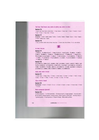 (le) leur, (les) leurs, nos, notre, le notre, vos, votre, le votre
Exercice 116
1. leurs, leur, leur, leurs, leurs, leur. - 2. leur, leurs - 3. leur, leur - 4. leur - 5. leurs - 6. leur -
7. leur - 8. leur - 9. leur, leur - 10. leur
Exercice 117
A barrer: 1.notre / notro, notro / notre - 2.notre / notro - 3.4euf / leurs - 4.leur / tewfs -
5.notre / notro, leur / tews
Exercice 118
1. nos, La notre, notre, nos, la leur, nos, leur - 2. leurs, leur, les notres - 3.vos, les votres
[Ml
m, mm, n ou nn
Exercice 119
1.bonbons - 2.comportement - 3.improvisations - 4.incroyable - 5.jambon - 6.amour -
7,amene - 8.emmene - 9.emotion - M.immediatement - ll.immeuble - 12.imagination -
13.evenement, exceptionnel - 14. annuel - 15. internationale - 16. personnelles - 17. innocent
- 18. ennui - 19. nationaliser - 20. personnalite - 21. colonel - 22. promotionnelle - 23. analyse
- 24. annonce - 25. innover
Exercice 120
pensionnaires, demeuraient, abonnes, diner, personnes, reunion, pendant, famille, pan-
toufles, permettait, confidentielles, evenements, s'exprimant, pensionnaires, astronome,
meme, rassembles, madame, annonce, pensionnaires, costume, egalement, redingotes,
problematique, comme, elime, vetements, femmes, raccommodees
mais, mes, met et m'est
Exercice 121
1. m'est, mes - 2. Mais, mes - 3. m'est - 4. met, mais - 5. m'est - 6. m'est - 7. met - 8. met -
9. Mais - 10. met - 11. Mes - 12. met -13. m'est - 14. met - 15. m'est
mon, m'ont et mont
Exercice 122
A entourer: 1. m'ont - 2. m'ont - З.топ - 4. m'ont - 5. mont - 6. mon - 7. m'ont, mon - 8. mon
- 9. m'ont
Mots composes (pluriel)
Exercice 123
l.chefs-d'ceuvre - 2. arriere-pensees - 3.chauve-souris, rouges-gorges - 4.va-et-vient -
5.cure-dents, presse-papiers, essuie-mains, taille-crayons, grille-pain - 6.choux-fleurs -
7.grands-peres - 8.haut-parleurs - 9.demi-finales - lO.annees-lumiere
130 C O R R I G E S D E S E X E R C I C E S
 
